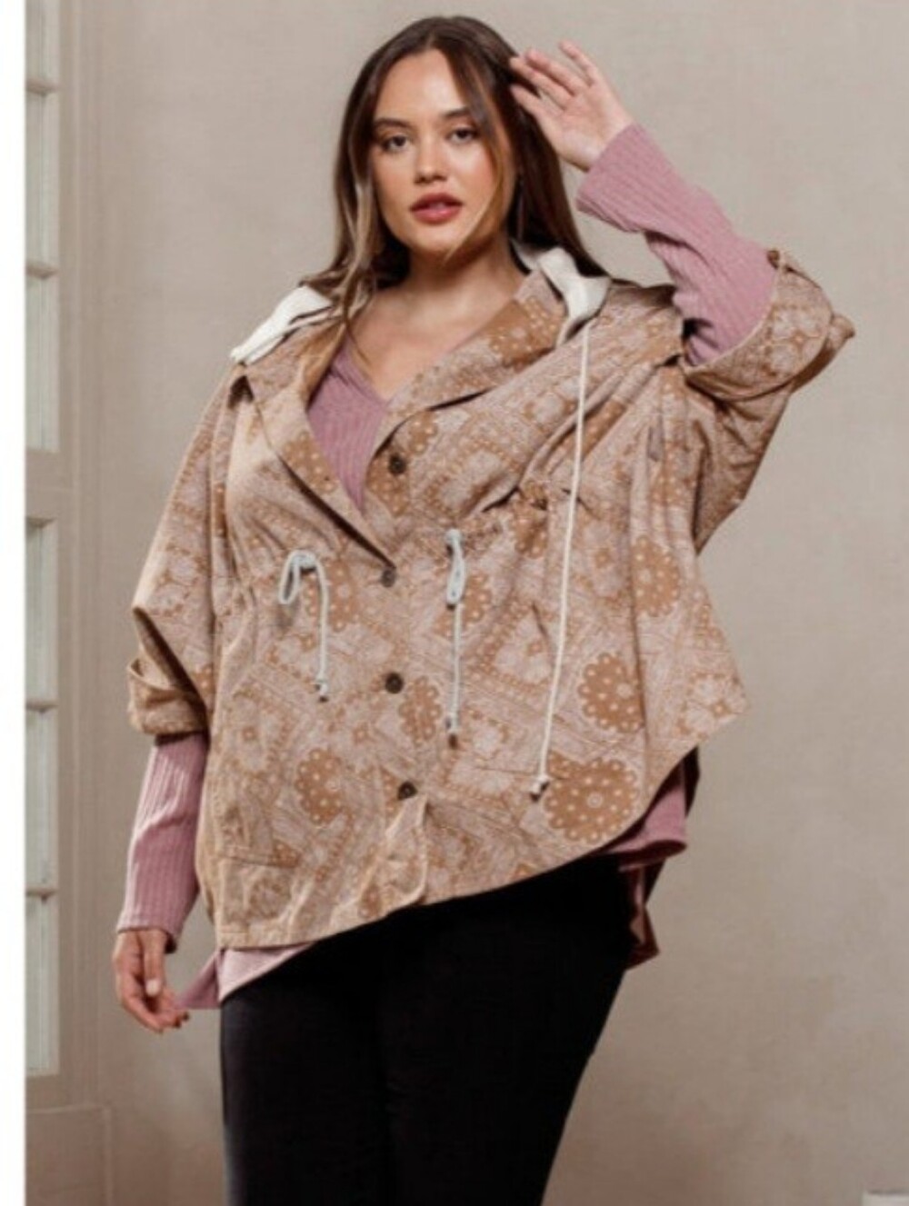 Camel Bandana Print Button 3/4 Sleeve Denim Jacket Removable Hood